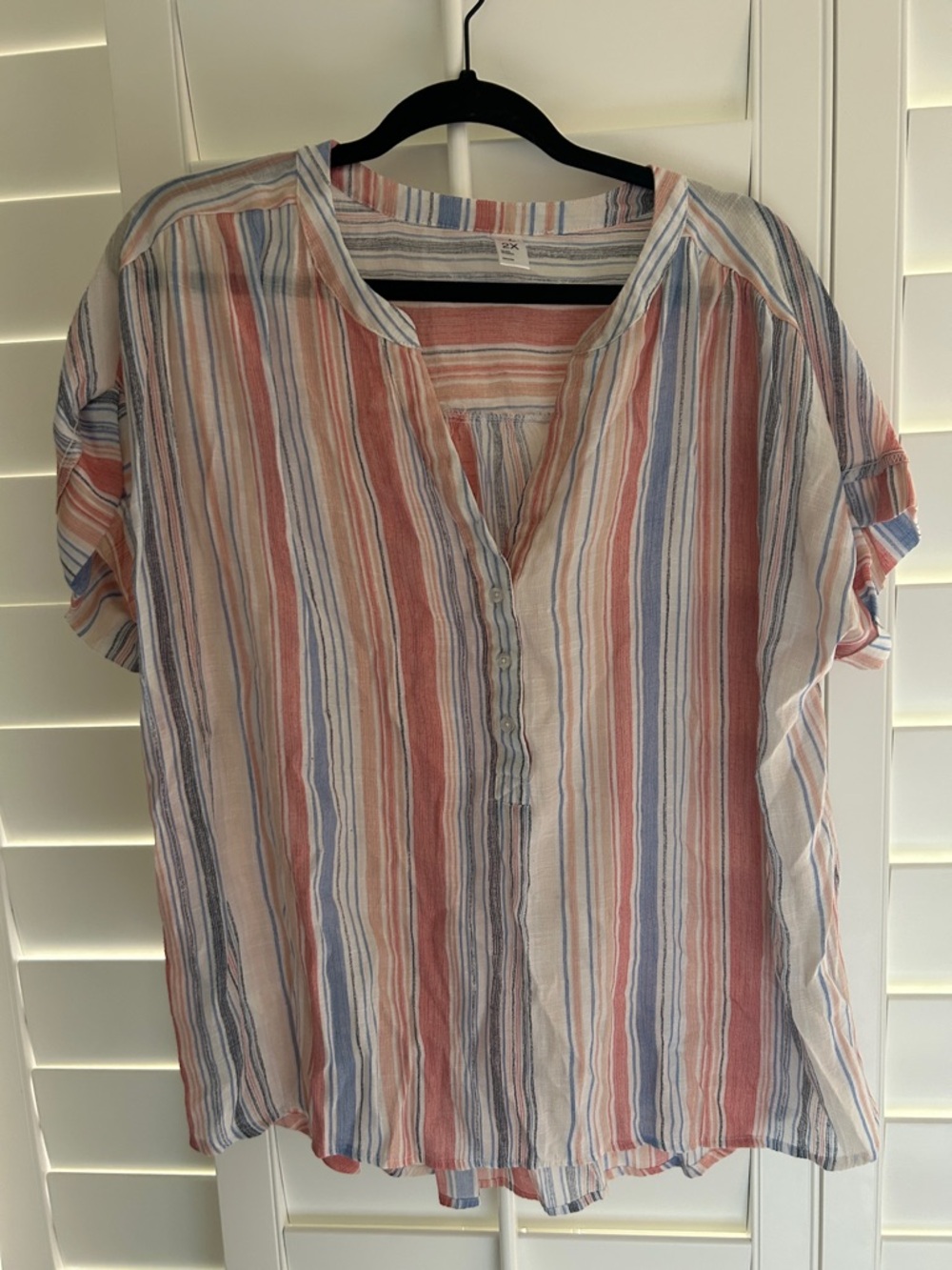just be Striped V-Neck Blouse in Blue, Coral, Cream